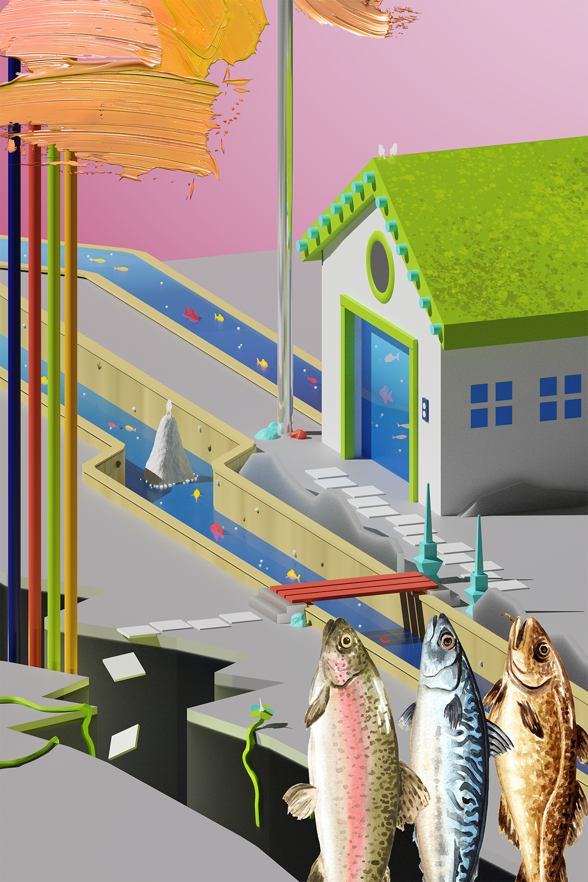 Surreal 3D render of water channels filled with fish flowing towards a brightly colored house.